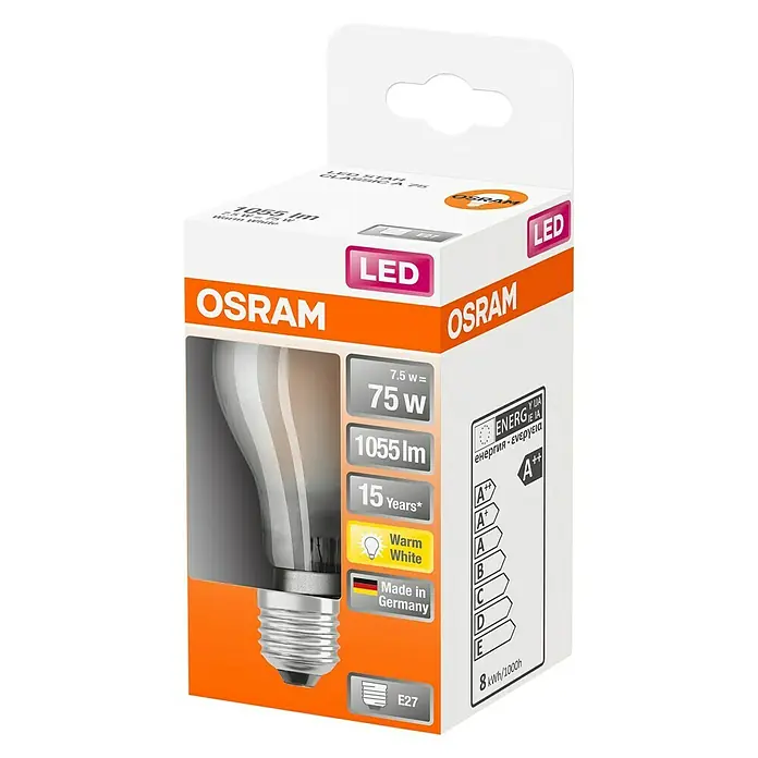 Osram Retrofit Bombilla LED Classic - 8 W, E27, Blanco cálido, 1 ud. - Vista angular