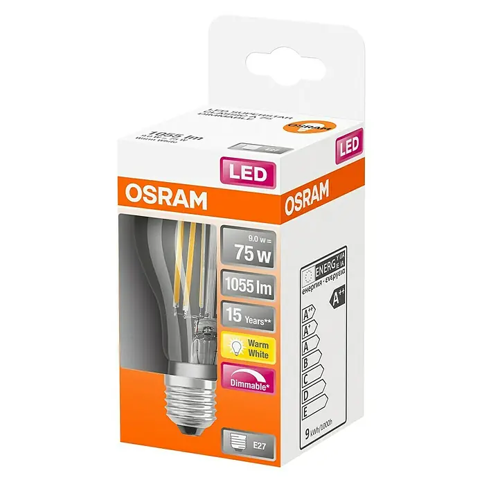 Osram Superstar LED-Leuchtmittel Classic A 75 - 9 W, E27, Lichtfarbe: Warmweiß, Dimmbar, Birnenform - Diagonale Ansicht