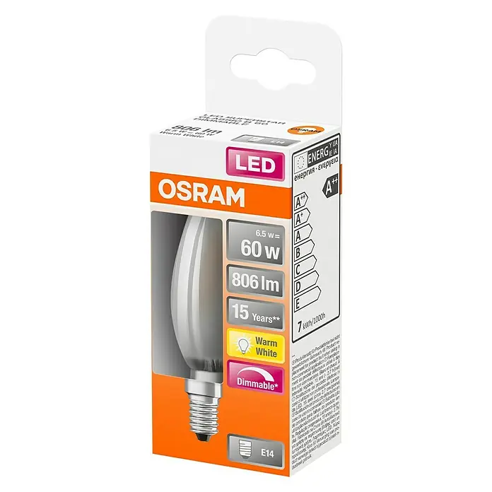 Osram Retrofit Ledlamp Classic B 60 - E14, 6,5 W, B35, 806 lm, 1 stk. - Diagonaal zicht
