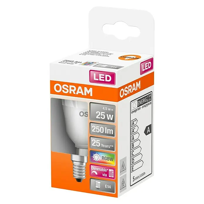 Osram Star Ledlamp RGBW - E14, 4,5 W, 250 lm, RGBW - Diagonaal zicht