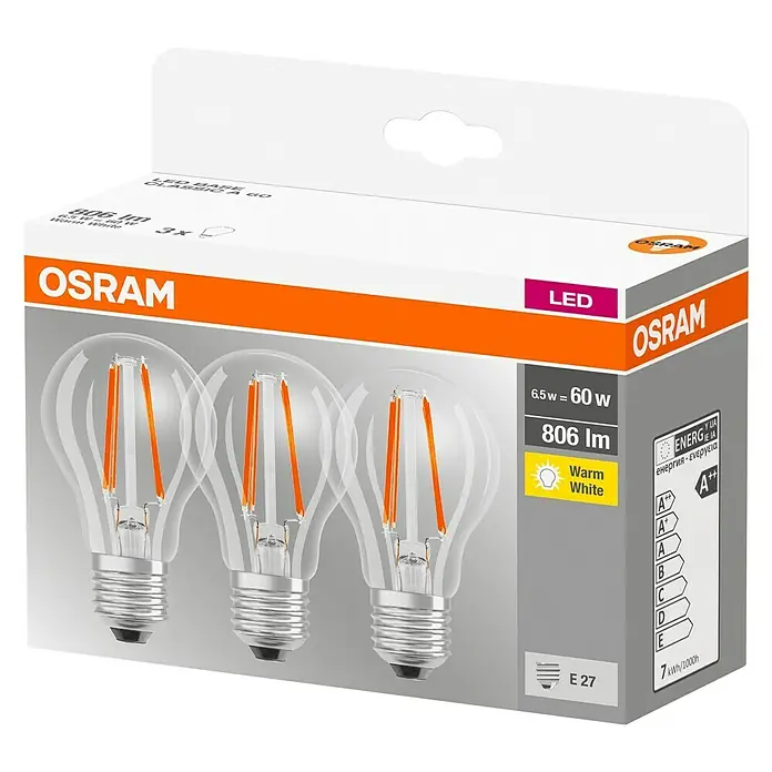 Osram Star Bombilla LED Classic A 60 - 3 uds., 7 W, E27, Blanco cálido, Claro - Vista angular
