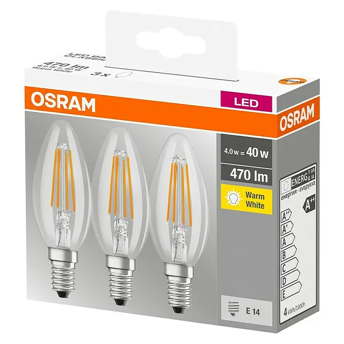 Osram Star Bombilla LED Classic B 40 - 4 W, E14, Blanco cálido, Claro, 3 uds. - Vista angular