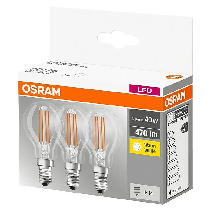 Osram Retrofit Bombilla LED Classic P 40 - E14, 4 W, P45, 470 lm, 3 uds. - Vista angular