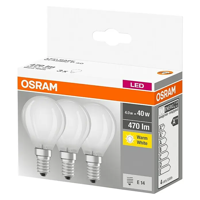 Osram Star Bombilla LED Classic P 40 - E14, 4 W, 470 lm, Mate, 3 uds. - Vista angular