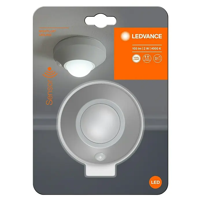 Ledvance LED-Nachtlicht Ceiling - Silber, Batteriebetrieben, Ø x H: 86 x 47 mm - Vorderansicht