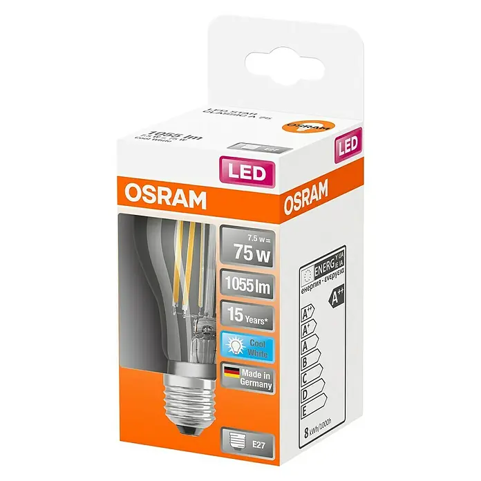 Osram Star Ledlamp Classic A 75 - E27, 7,5 W, A60, 1.055 lm, Koud wit - Diagonaal zicht