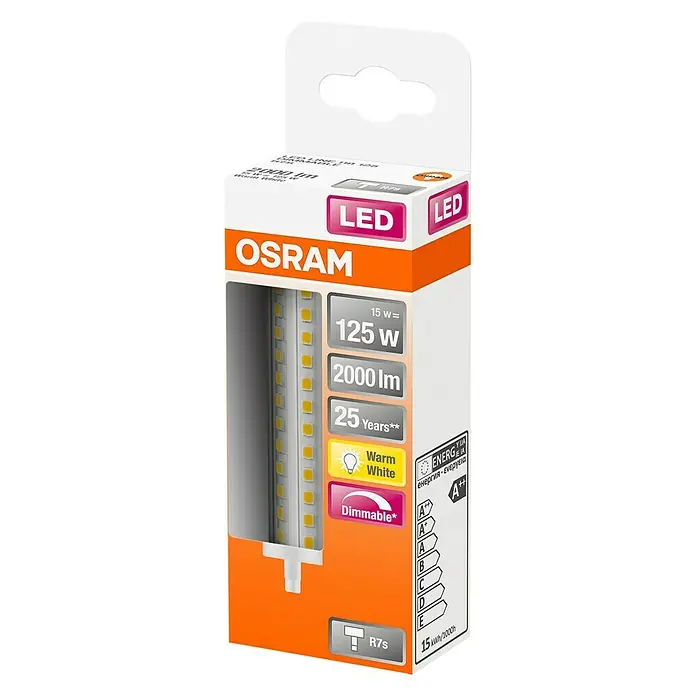 Osram Superstar LED-Leuchtmittel Line R7s - 15 W, R7s, Lichtfarbe: Warmweiß, Dimmbar, Rund - Diagonale Ansicht