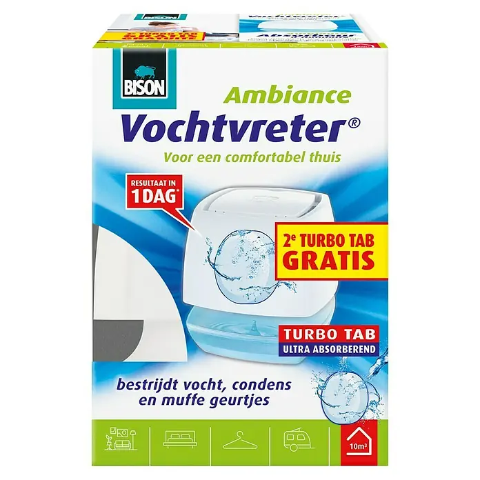 Bison Vochtvreter Ontvochtiger 100 g + 1 TAB GRATIS - Materiaalbasis: Calciumchloride, Geschikt voor: Hoge luchtvochtigheid - Vooraanzicht