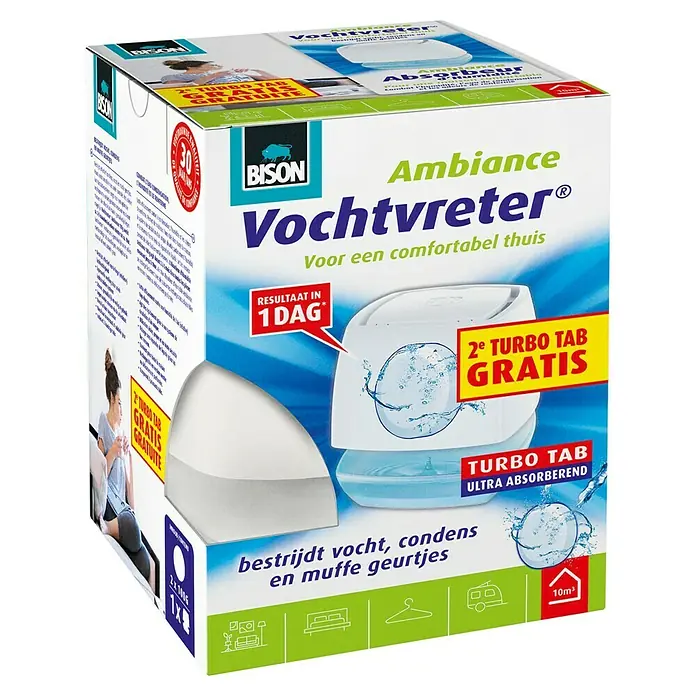 Bison Vochtvreter Ontvochtiger 100 g + 1 TAB GRATIS - Materiaalbasis: Calciumchloride, Geschikt voor: Hoge luchtvochtigheid - Diagonaal zicht