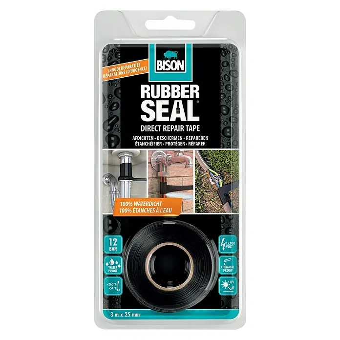 Bison Rubber Seal Reparatietape Blister 3 m x 25 mm - Zwart, Waterdicht - Vooraanzicht