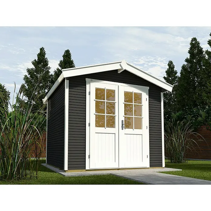 Weka Gartenhaus 218 - B x T: 260 x 239 cm, Holz, Wandstärke: 28 mm, Anthrazit/Weiß - Stimmungsaufnahme