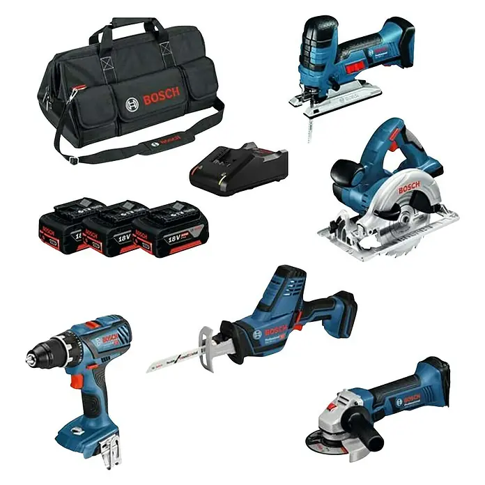 Bosch Professional Maschinen-Set 5 Tool Kit 18 Volt GSR/GST/GWS/GKS/GSA - 18 V, 3 Akkus, 4 Ah, 5 -tlg. - Ansicht von oben