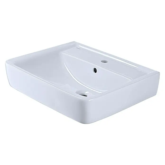 Geberit Renova Nr. 1 Plan Waschtisch-Set - 60 x 48 cm, Ohne Spezialglasur, Hahnloch: Mitte, Mit Überlauf, Weiß - Diagonale Ansicht