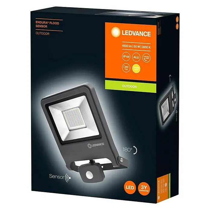 Ledvance LED-Strahler Endura Flood - Anthrazit, Sensor, 50 W, IP44 - Diagonale Ansicht