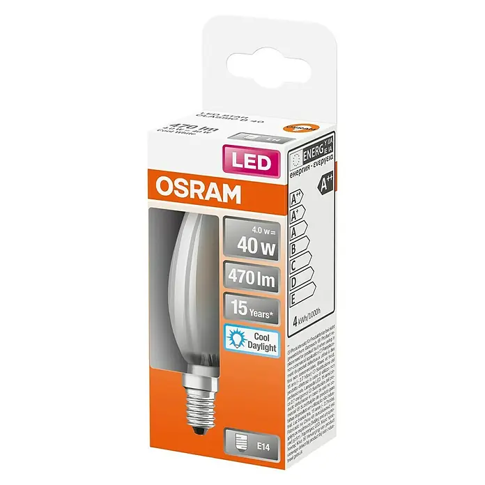 Osram Retrofit Ledlamp Classic B 40 - E14, 4 W, B35, 470 lm, Koud wit - Diagonaal zicht