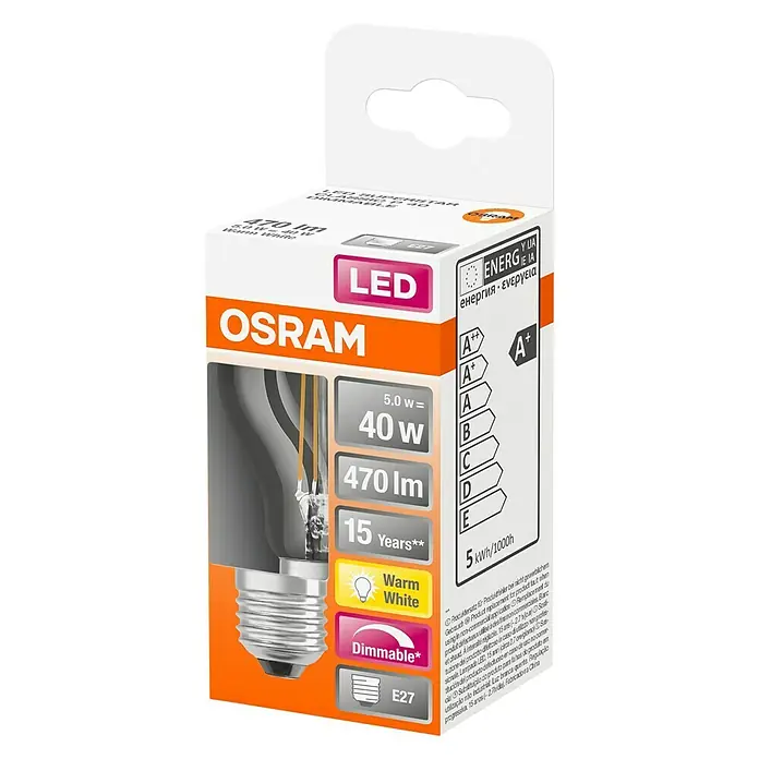 Osram Superstar Bombilla LED - 5 W, E27, Color de luz: Blanco cálido, Intensidad regulable, Forma de pera - Vista angular