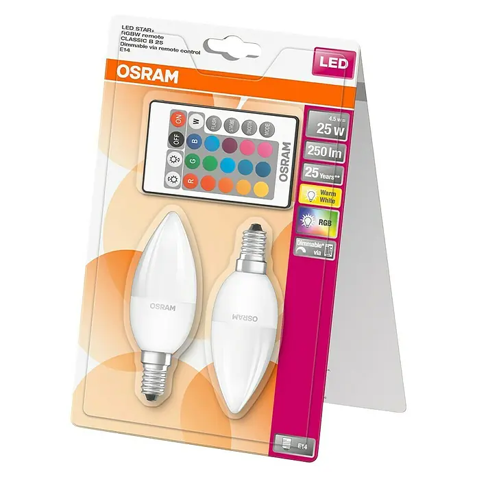 Osram Retrofit LED-Leuchtmittel-Set RGBW - 4,5 W, E14, RGBW, Dimmbar, 2 Stk. - Diagonale Ansicht