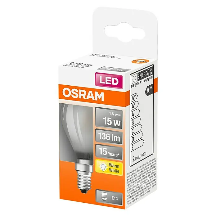 Osram Retrofit LED-Leuchtmittel CLP15 - E14, 1,5 W, 136 lm, Warmweiß, Matt - Diagonale Ansicht