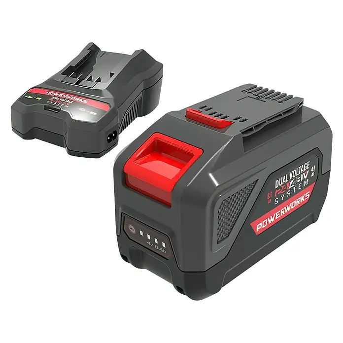 Powerworks Dual Voltage Početni set - 1 x baterija, 1 x punjač - Dijagonalni pogled