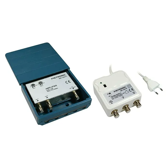 Metronic Amplificador de conexión doméstico 2 entradas UHF - x 2, L x An x Al: 9 x 15 x 28 cm, Azul - Vista angular