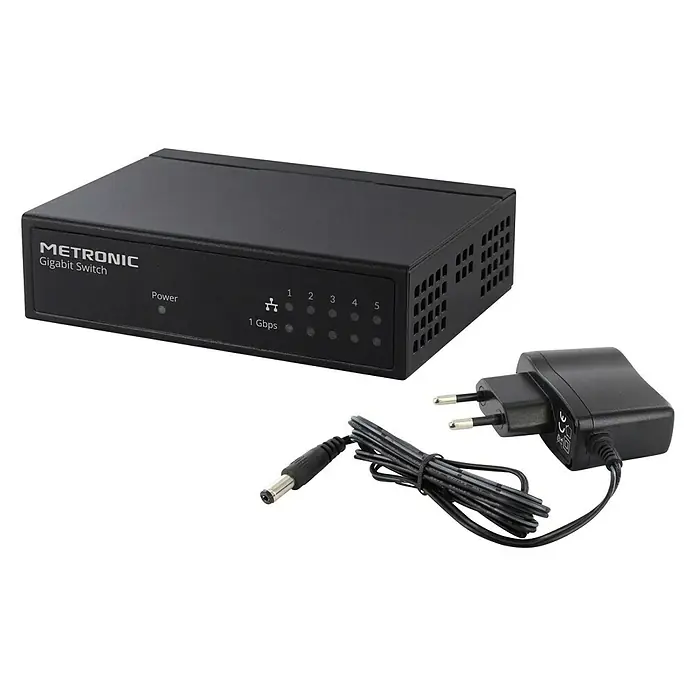 Metronic Conmutador 5 x RJ45 - Negro, Ubicar - Vista angular