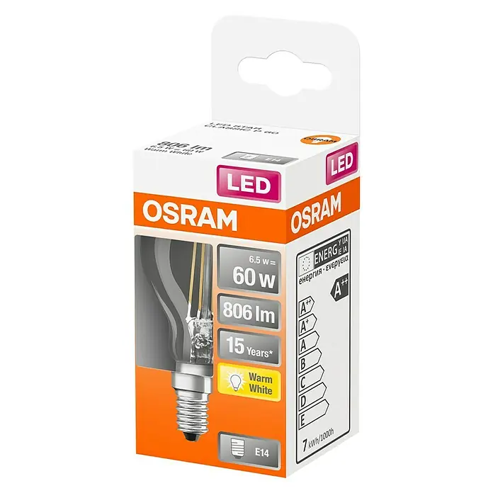 Osram Retrofit Bombilla LED Classic P 60 - E14, 6,5 W, 806 lm, Blanco cálido, Claro/transparente - Vista angular