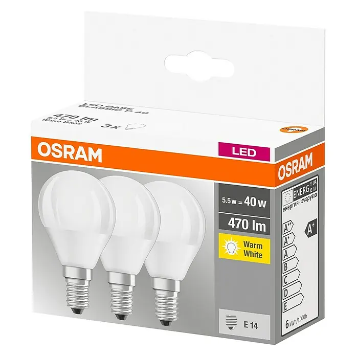 Osram Ledverlichtingset Star Classic P 40 - 5 W, E14, Warm wit, Mat, 3 stk. - Diagonaal zicht