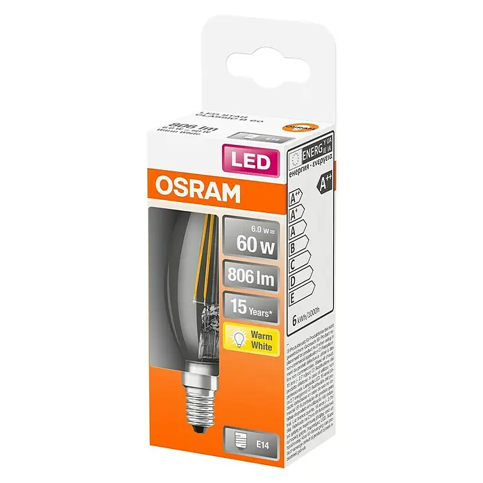 Osram Bombilla LED Classic - 6 W, E14, Color de luz: Blanco cálido, No regulable, Forma de vela - Vista angular