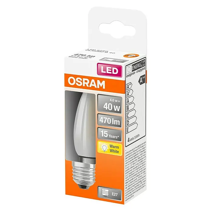 Osram Retrofit Bombilla LED Classic B 40 - E27, 4 W, B35, Blanco cálido, Mate - Vista angular