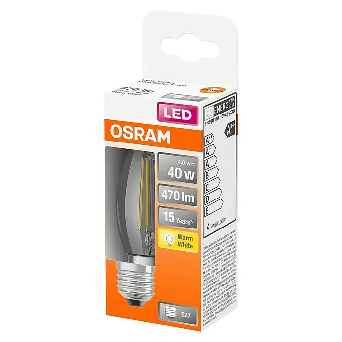 Osram Retrofit Bombilla LED Classic B 40 - E27, 4 W, B35, Blanco cálido, Claro - Vista angular