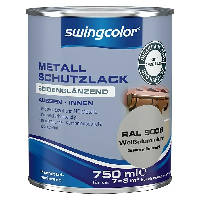 swingcolor Metall-Schutzlack RAL 9006 - Weißaluminium, 750 ml, Seidenglänzend - Vorderansicht