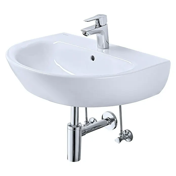 Geberit Renova Waschtisch-Set - 60 x 48 cm, Ohne Spezialglasur, Hahnloch: Mitte, Mit Überlauf, Weiß - Diagonale Ansicht