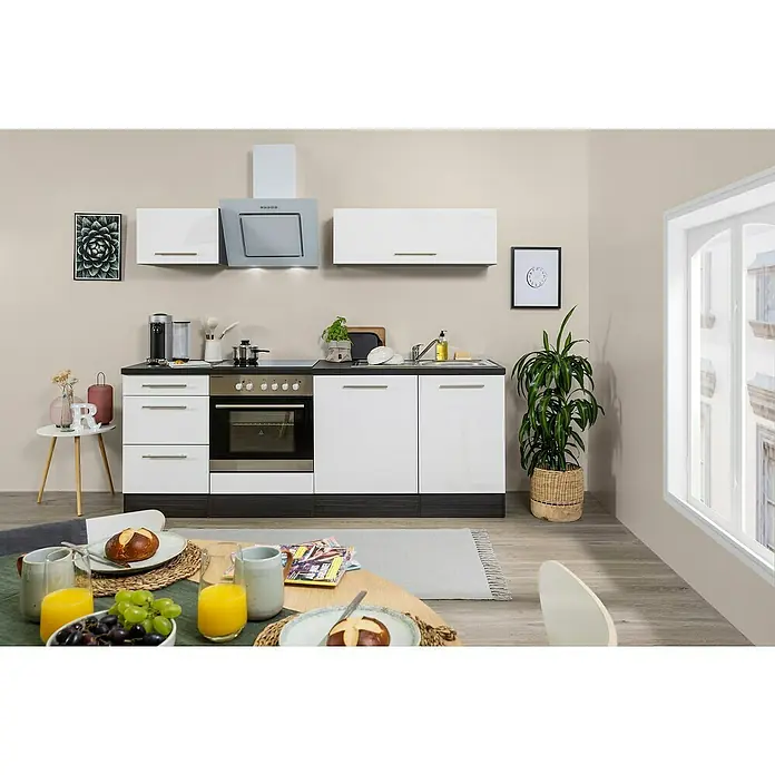 Respekta Premium Küchenzeile RP220EWCBO - Breite: 220 cm, Mit Elektrogeräten, Weiß Hochglanz - Stimmungsaufnahme