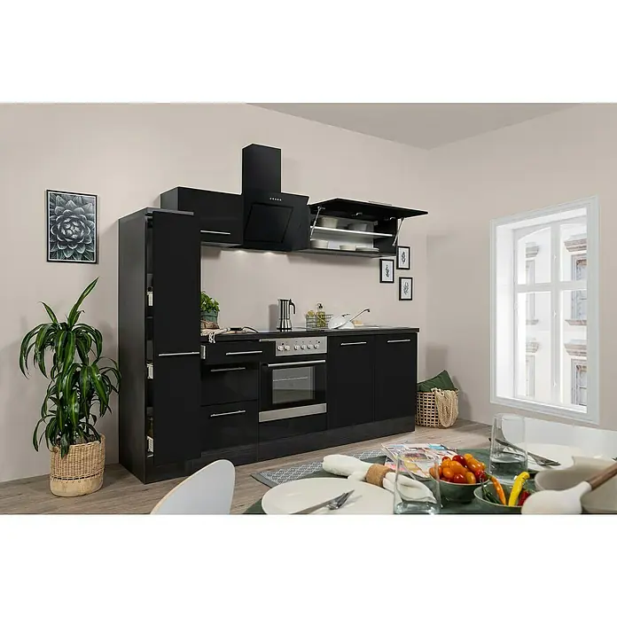 Respekta Premium Küchenzeile RP240ESCBO - Breite: 240 cm, Mit Elektrogeräten, Schwarz Hochglanz - Stimmungsaufnahme