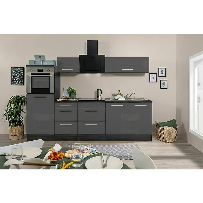 Respekta Premium Küchenzeile RP270HEGBO - Breite: 270 cm, Mit Elektrogeräten, Grau Hochglanz - Stimmungsaufnahme
