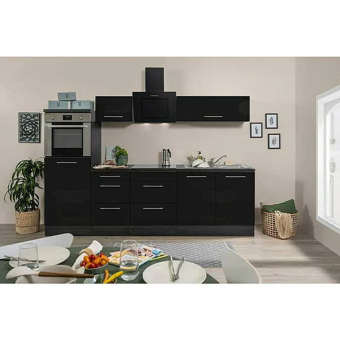 Respekta Premium Küchenzeile RP270HESBO - Breite: 270 cm, Mit Elektrogeräten, Schwarz Hochglanz - Stimmungsaufnahme