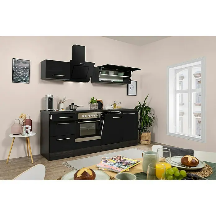 Respekta Premium Küchenzeile RP220ESCBO - Breite: 220 cm, Mit Elektrogeräten, Schwarz Hochglanz - Stimmungsaufnahme