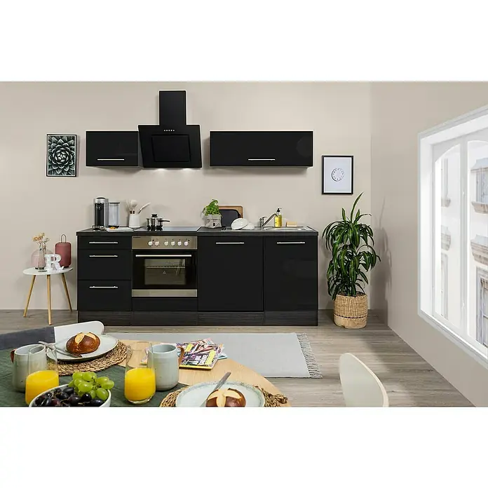 Respekta Premium Küchenzeile RP220ESCBO - Breite: 220 cm, Mit Elektrogeräten, Schwarz Hochglanz - Stimmungsaufnahme