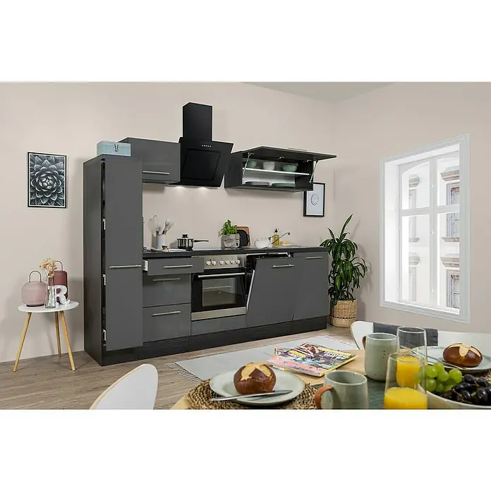 Respekta Premium Küchenzeile RP250EGCBO - Breite: 250 cm, Mit Elektrogeräten, Grau Hochglanz - Stimmungsaufnahme