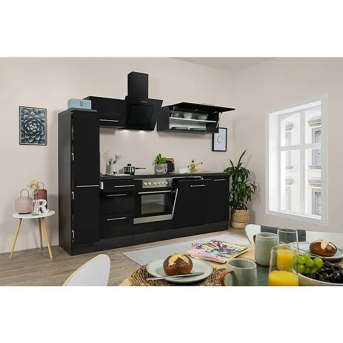 Respekta Premium Küchenzeile RP250ESCBO - Breite: 250 cm, Mit Elektrogeräten, Schwarz Hochglanz - Stimmungsaufnahme