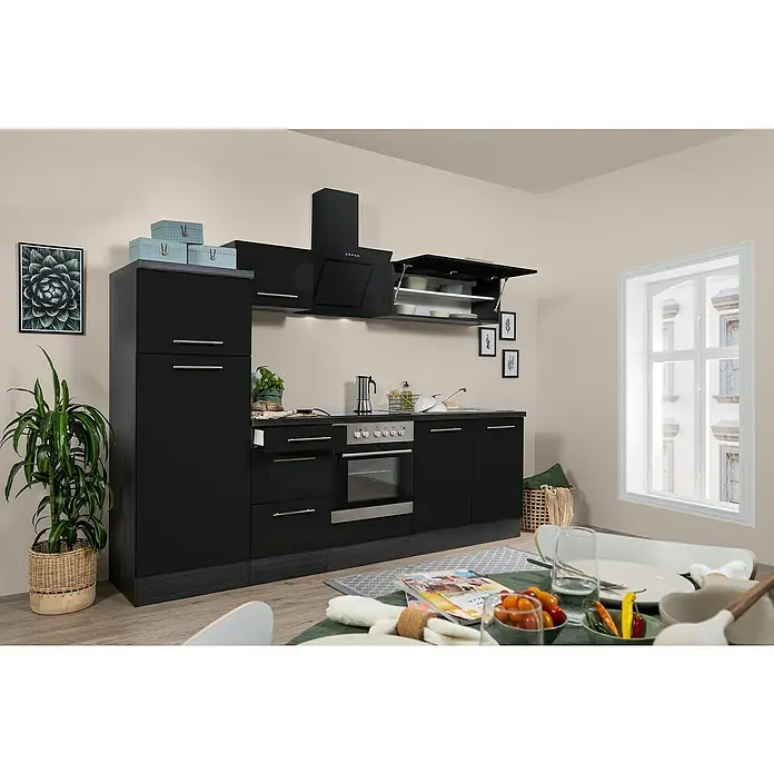 Respekta Premium Küchenzeile RP270ESCBO - Breite: 270 cm, Mit Elektrogeräten, Schwarz Hochglanz - Stimmungsaufnahme