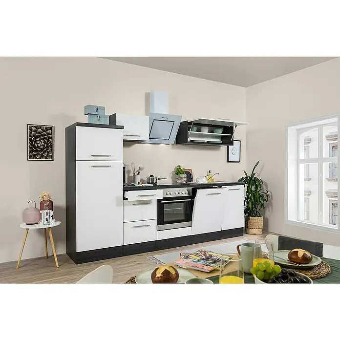 Respekta Premium Küchenzeile RP280EWCBO - Breite: 280 cm, Mit Elektrogeräten, Weiß Hochglanz - Stimmungsaufnahme
