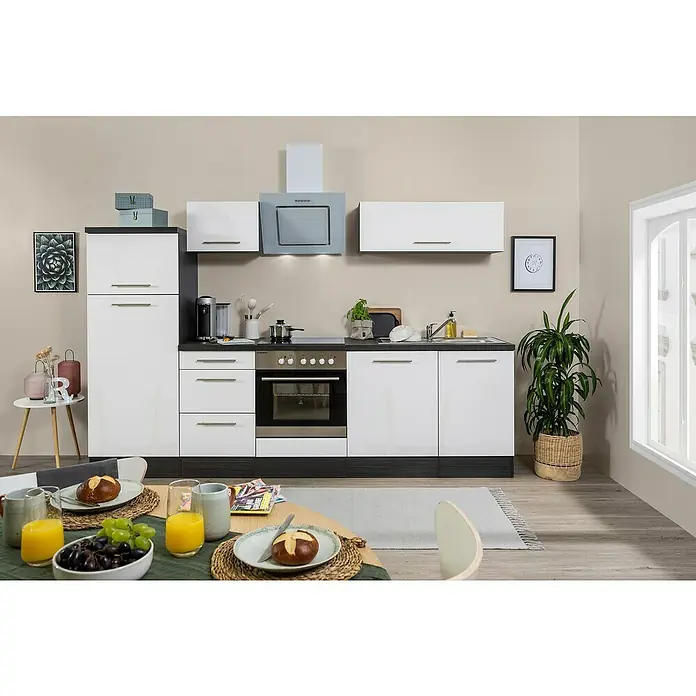 Respekta Premium Küchenzeile RP280EWCBO - Breite: 280 cm, Mit Elektrogeräten, Weiß Hochglanz - Stimmungsaufnahme