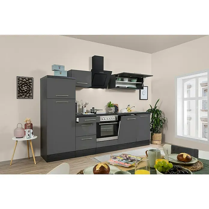 Respekta Premium Küchenzeile RP280EGCBO - Breite: 280 cm, Mit Elektrogeräten, Grau Hochglanz - Stimmungsaufnahme