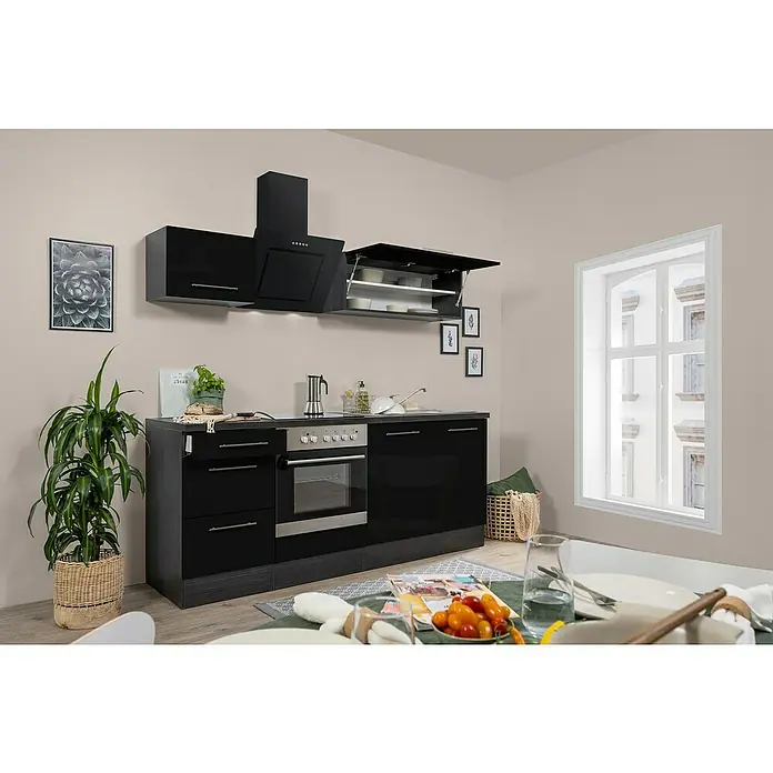 Respekta Premium Küchenzeile RP210ESCBO - Breite: 210 cm, Mit Elektrogeräten, Schwarz Hochglanz - Stimmungsaufnahme