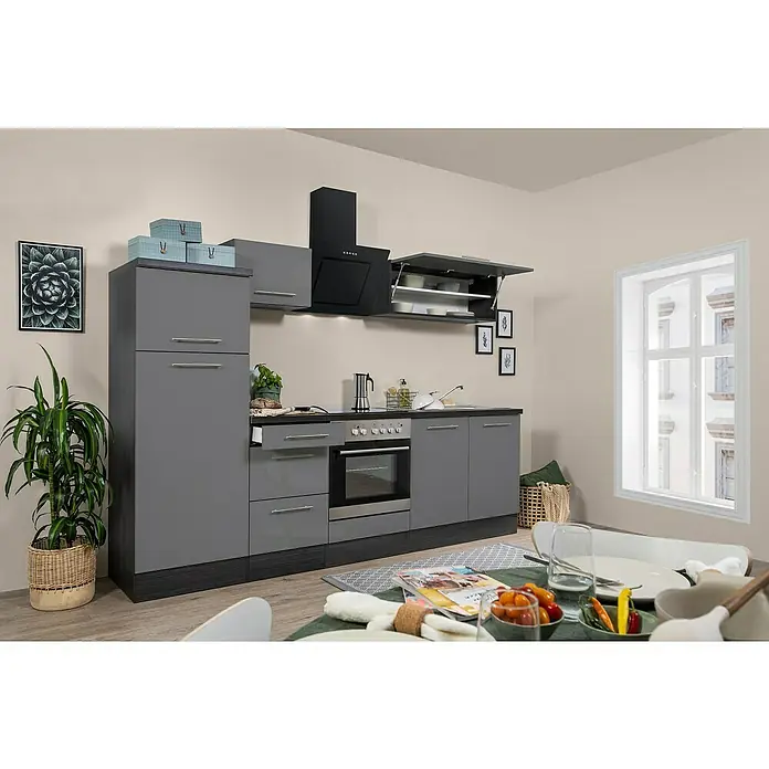 Respekta Premium Küchenzeile RP270EGCBO - Breite: 270 cm, Mit Elektrogeräten, Grau Hochglanz - Stimmungsaufnahme