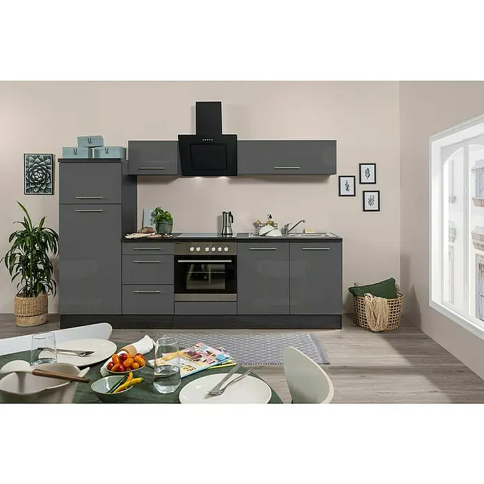 Respekta Premium Küchenzeile RP270EGCBO - Breite: 270 cm, Mit Elektrogeräten, Grau Hochglanz - Stimmungsaufnahme