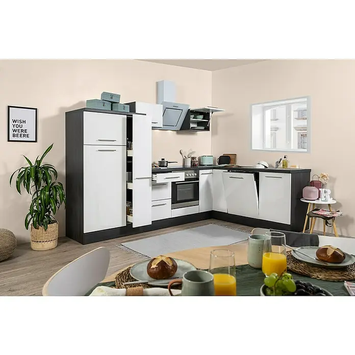 Respekta Premium Winkelküche RP290EWCBO - Breite: 290 cm, Mit Elektrogeräten, Weiß Hochglanz - Stimmungsaufnahme
