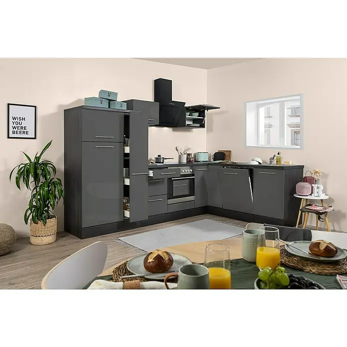 Respekta Premium Winkelküche RP290EGCBO - Breite: 290 cm, Mit Elektrogeräten, Grau Hochglanz - Stimmungsaufnahme