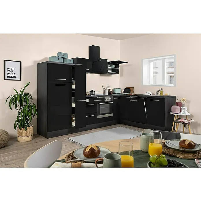 Respekta Premium Winkelküche RP290ESCBO - Breite: 290 cm, Mit Elektrogeräten, Schwarz Hochglanz - Stimmungsaufnahme